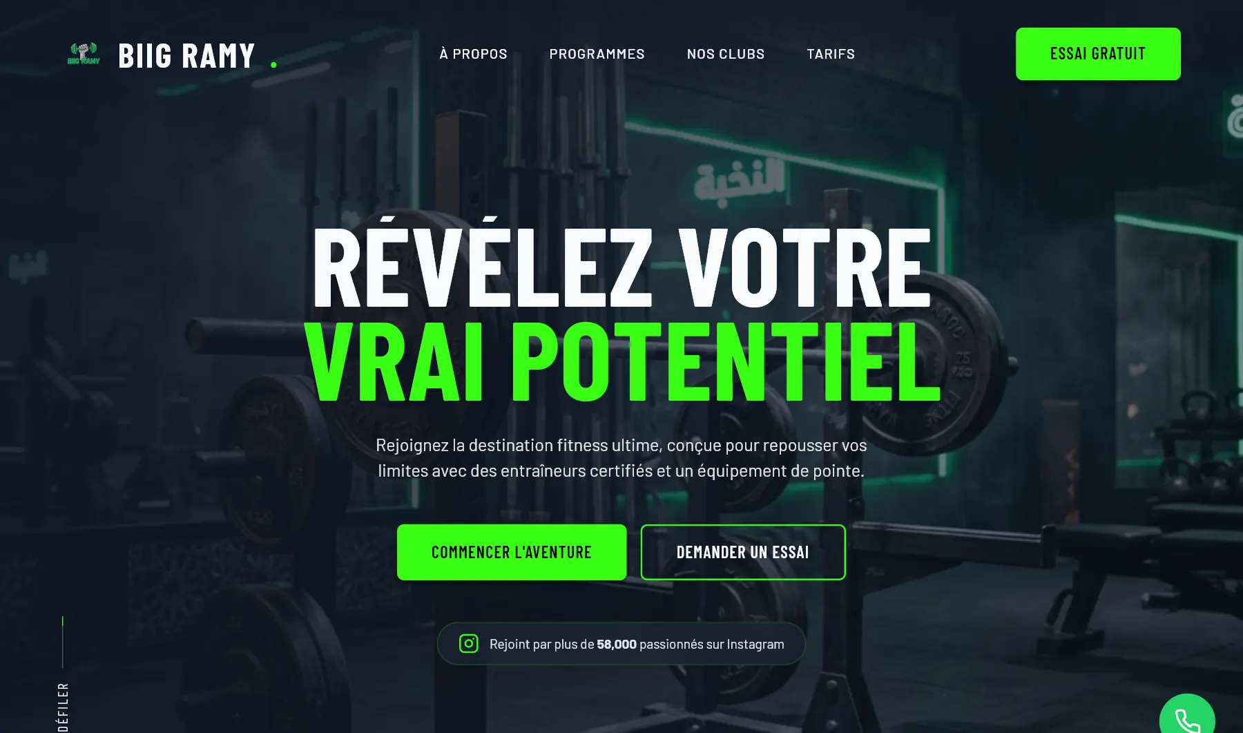 Biig Ramy gym website: “Révélez votre vrai potentiel” in neon green