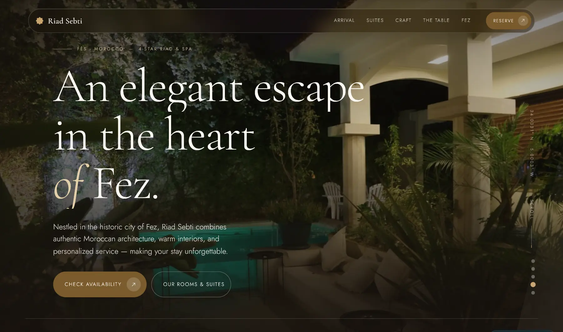 Riad Sebti website: an elegant escape in the heart of Fez, over the riad's courtyard