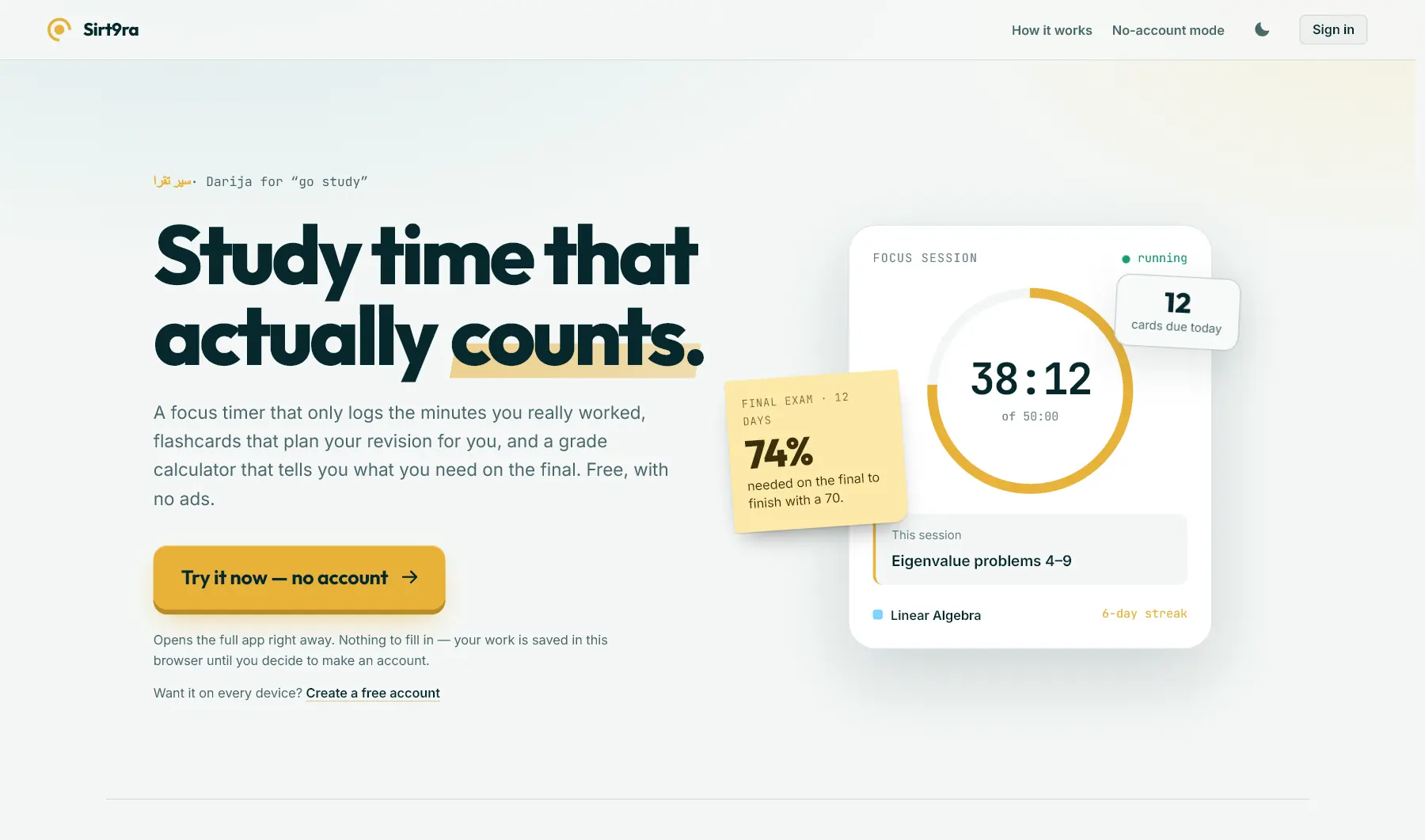 Sirt9ra web app: “Study time that actually counts” beside a running focus timer
