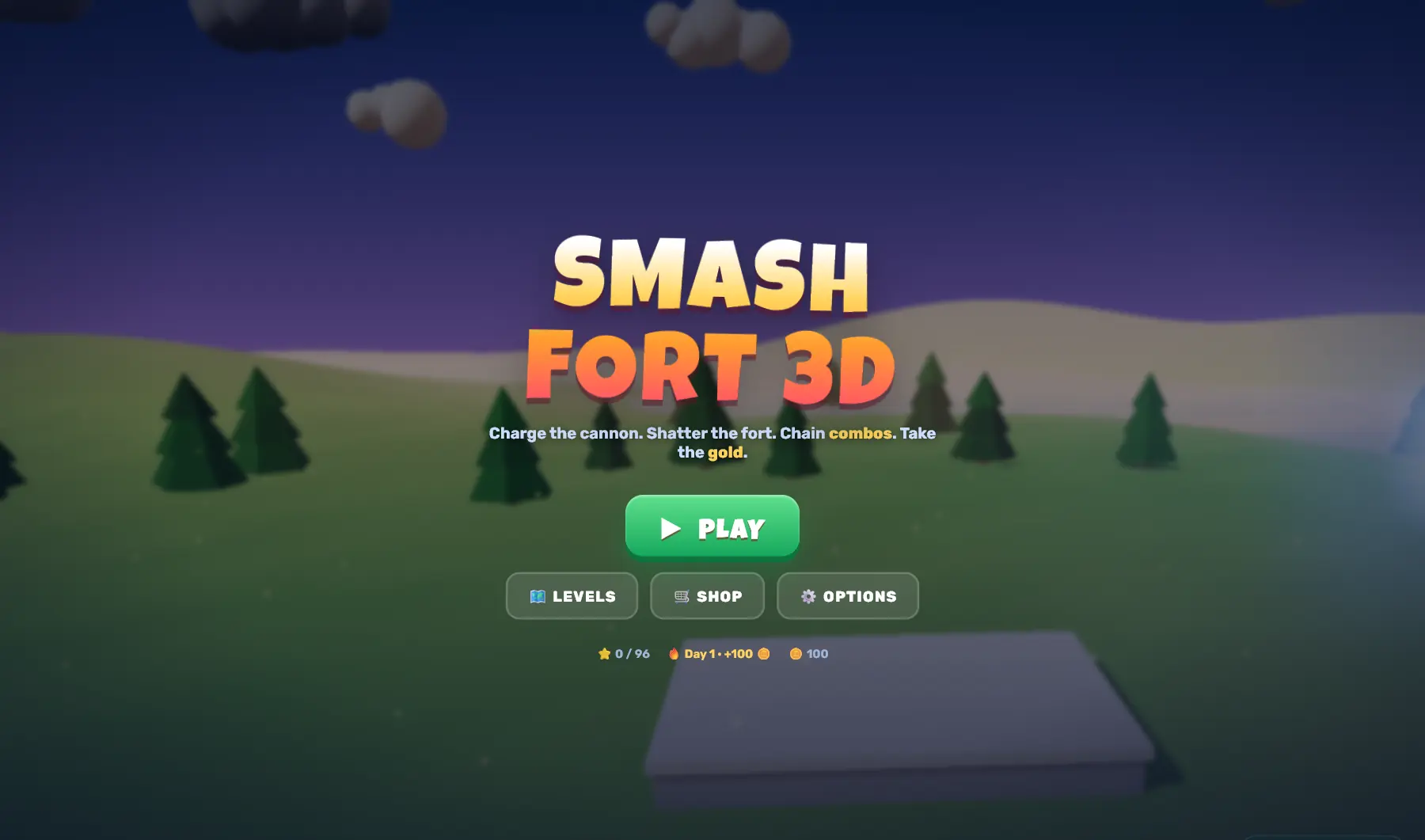 Smash Fort 3D title screen over a low-poly landscape at dusk